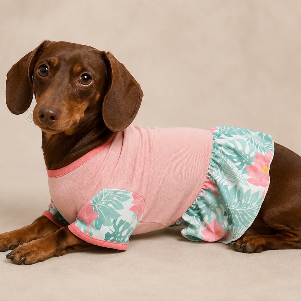 Light Pink & Mint Tropical Floral Printed Doggy Casual Onesie In Size X-Small